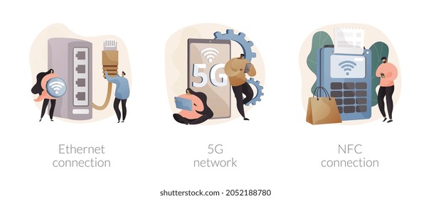 Network infrastructure abstract concept vector illustration set. Ethernet technology, mobile phones 5G network, NFC connection, contactless card payment, fast internet coverage abstract metaphor.