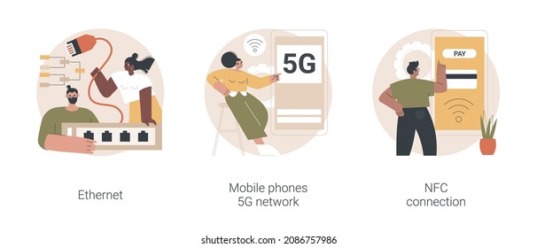 Network infrastructure abstract concept vector illustration set. Ethernet technology, mobile phones 5G network, NFC connection, contactless card payment, fast internet coverage abstract metaphor.