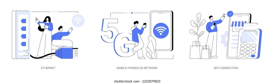 Network infrastructure abstract concept vector illustration set. Ethernet technology, mobile phones 5G network, NFC connection, contactless card payment, fast internet coverage abstract metaphor.