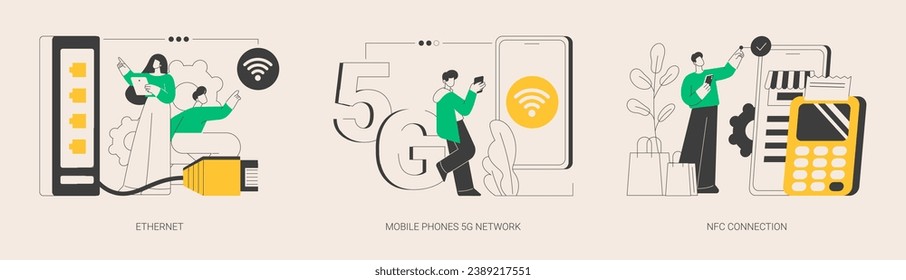 Network infrastructure abstract concept vector illustration set. Ethernet technology, mobile phones 5G network, NFC connection, contactless card payment, fast internet coverage abstract metaphor.