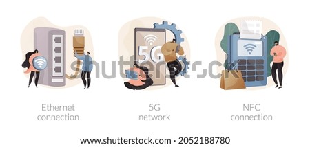 Network infrastructure abstract concept vector illustration set. Ethernet technology, mobile phones 5G network, NFC connection, contactless card payment, fast internet coverage abstract metaphor.