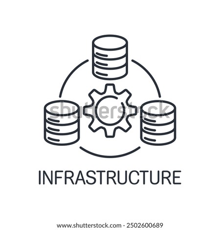Network infrastructure layout. IT, digital data center ,workstation.Vector linear icon isolated on white background.