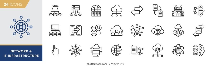Network and IT Infrastructure Line Icons Set – Global Connectivity, Data Flow and Cloud Integration Outline Vector Collection