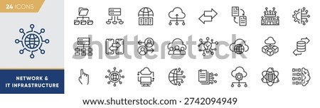 Network and IT Infrastructure Line Icons Set – Global Connectivity, Data Flow and Cloud Integration Outline Vector Collection