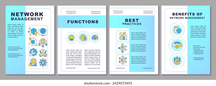 Network infrastructure management blue brochure template. Leaflet design with linear icons. Editable 4 vector layouts for presentation, annual reports. Arial-Black, Myriad Pro-Regular fonts used