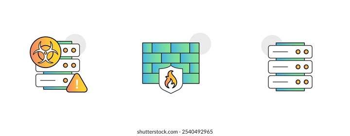 Seguridad de redes e infraestructuras. Iconos Incluidos: Firewall, Servidor Infectado, Servidor Rack