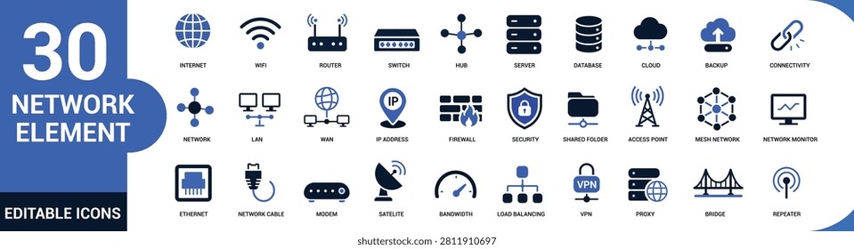 Network Infrastructure Solid Icon Set Featuring Internet, WiFi, Server, Cloud Computing, Database, and Connectivity Vector Symbols Collection