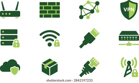 Network infrastructure and VPN security vector icon set featuring router firewall ethernet cable cloud shield and network tower symbols.
