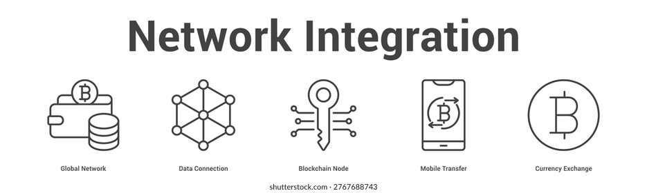 Network Integration web banner icon set vector illustration concept for business with icon of Global Network, Data Connection, Blockchain Node, Mobile Transf.