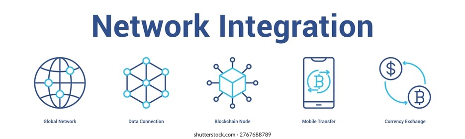 Network Integration web banner icon set vector illustration concept for business with icon of Global Network, Data Connection, Blockchain Node, Mobile Transf.
