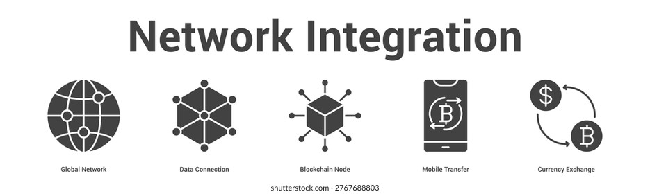 Network Integration web banner icon set vector illustration concept for business with icon of Global Network, Data Connection, Blockchain Node, Mobile Transf.