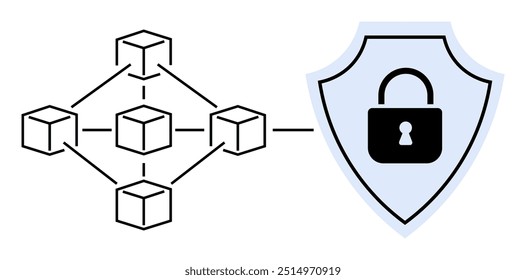 A rede de blocos interconectados conduz a uma blindagem de segurança com uma trava. Ideal para segurança cibernética, proteção de dados, tecnologia de blockchain, transações seguras e segurança de rede. Simples, minimalista