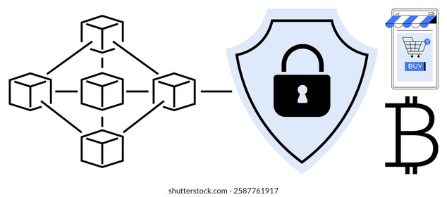 Network of interconnected blocks with security shield and lock, e-commerce store symbol with BUY button, and Bitcoin icon. Ideal for blockchain technology, cybersecurity, cryptocurrency, e-commerce