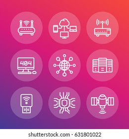 network, internet data technology line icons set, server, usb modem, router, cloud computing