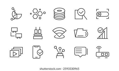 Network and Internet line icon set. Smart home, control, system, technology, alarm, surveillance, lock, computer, wifi, communication line icon set. UI thin line icon pack.