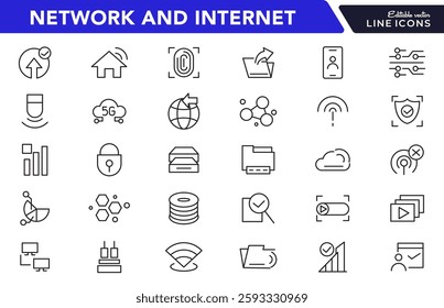 Network and Internet line icon set. Smart home, control, system, technology, alarm, surveillance, lock, computer, wifi, communication line icon set. UI thin line icon pack.