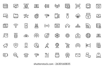 Conjunto de ícones de rede e de linha da Internet. Casa inteligente, controle, sistema, tecnologia, computador, wifi, conjunto de ícones de linha de comunicação. Coleção Editável De Ícones De Vetor De Traçado.