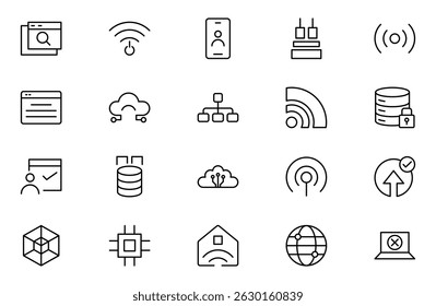 Conjunto de iconos de línea de red e Internet. Casa inteligente, control, sistema, tecnología, computadora, wifi, línea de comunicación conjunto de iconos. Iconos editables del vector del trazo Colección.