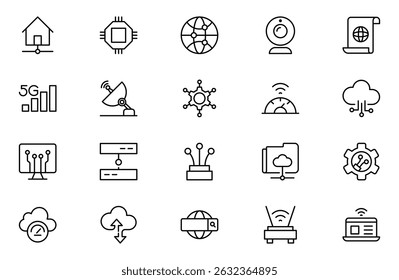 Network and Internet line icon set. Smart home, control, system, technology, web, network, data, access, alarm, surveillance, lock, computer, wifi, communication line icon set.