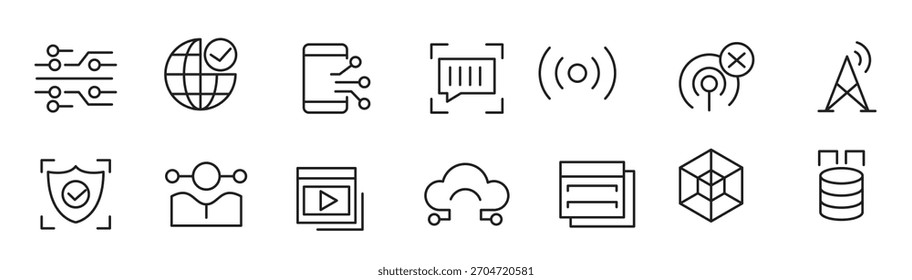 Network and Internet line icon set. Smart home, control, system, technology, alarm, surveillance, lock, computer, wifi, communication line icon set. UI thin line icon pack.