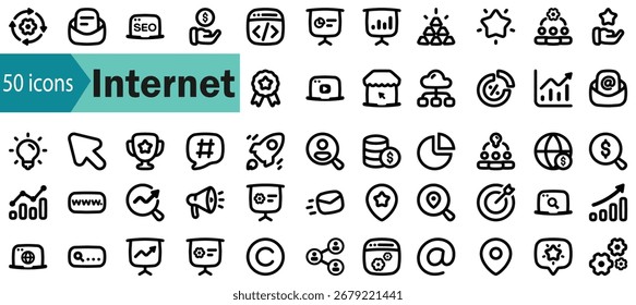 Conjunto de iconos de contorno de red e Internet para en línea, Web, computadora, servidor, software y programación