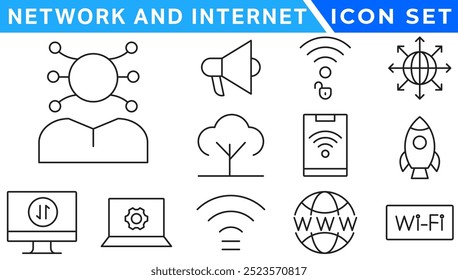 Netzwerk- und Internet-Gliederungssymbole Lineare Symbolsammlung für Online, Computer, Netzwerk, Website, Server, Webdesign, Hardware, Software und Programmierung. Kollektion von Volltonsymbolen