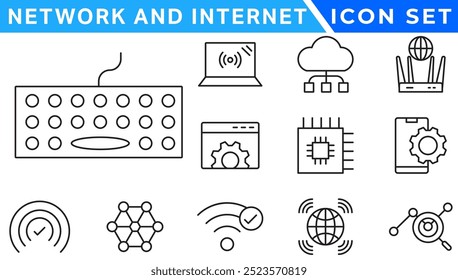Network and Internet outline icons. linear icon collection for online, computer, network, website, server, web design, hardware, software, and programming. Solid icons illustration collection