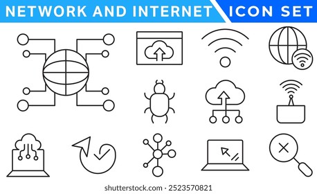 Network and Internet outline icons. linear icon collection for online, computer, network, website, server, web design, hardware, software, and programming. Solid icons illustration collection