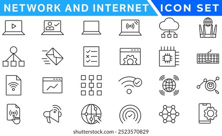 Iconos de contorno de red e Internet. colección de iconos lineales para en línea, computadora, red, Sitio web, servidor, Diseño web, hardware, software y programación. Iconos sólidos ilustración colección