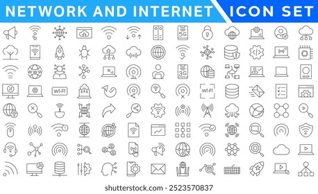 Ícones de estrutura de tópicos de rede e Internet. coleção linear de ícones para online, computador, rede, site, servidor, web design, hardware, software e programação. Coleção de ilustrações de ícones sólidos