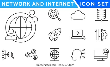 Network and Internet outline icons. linear icon collection for online, computer, network, website, server, web design, hardware, software, and programming. Solid icons illustration collection