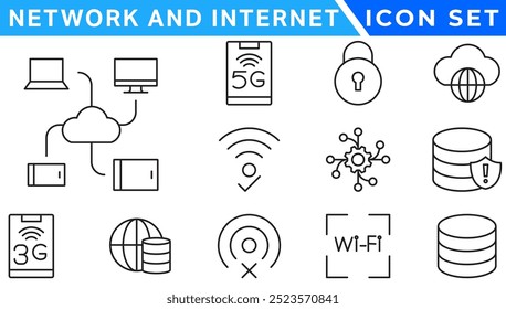 Ícones de estrutura de tópicos de rede e Internet. coleção linear de ícones para online, computador, rede, site, servidor, web design, hardware, software e programação. Coleção de ilustrações de ícones sólidos