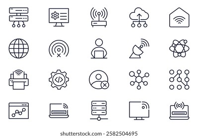 Network and Internet outline icons set. linear icon collection for online, computer, network, website, server, web design, hardware, software, and programming. Solid icons illustration collection.