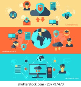 Network internet security banner set with data encryption elements isolated vector illustration