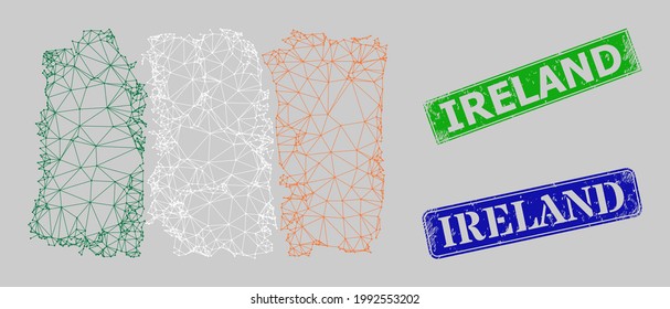 Network Irland flag image, and Ireland blue and green rectangle unclean stamp seals. Mesh carcass image designed with Irland flag pictogram. Stamp seals contain Ireland text inside rectangular frame.