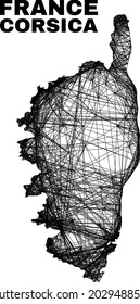Network irregular mesh Corsica map. Abstract lines are combined into Corsica map. Wire carcass 2D network in vector format. Vector structure is created for Corsica map using intersected random lines.
