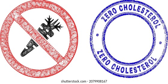 Netzwerk unregelmäßige Maschen verboten Karotten Symbol, und Zero Cholesterol strukturierte rund Stempel. Abstrakte Linien bilden verbotene Mohrrümpfe. Die blaue Stempelrobbe hat den Zero Cholesterol Tag in runder Form.