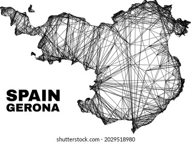 Network irregular mesh Gerona Province map. Abstract lines are combined into Gerona Province map. Linear carcass flat network in vector format.
