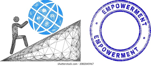 Network irregular mesh man rolling globe up icon, and Empowerment dirty round seal. Abstract lines form man rolling globe up picture. Blue stamp seal has Empowerment tag inside round form.