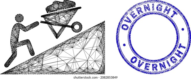 Network irregular mesh move up wheelbarrow icon, and Overnight Delivery scratched round seal print. Abstract lines form move up wheelbarrow illustration.