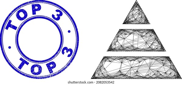 Network irregular mesh pyramide icon, and Top 3 rubber round seal imitation. Abstract lines form pyramide object. Blue stamp seal includes Top 3 tag inside round form.