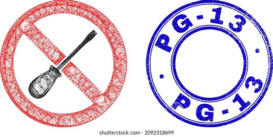 Network irregular mesh stop screwdriver tuning icon, and Pg-13 corroded round seal print. Abstract lines form stop screwdriver tuning object. Blue seal has Pg-13 title inside round form.