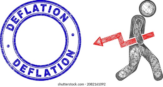 Network irregular mesh trend down robber icon, and Deflation dirty round stamp seal. Abstract lines form trend down robber illustration. Blue stamp seal contains Deflation title inside round shape.