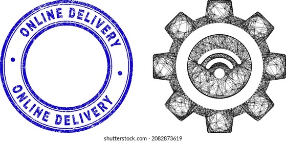 Network irregular mesh wifi smart gear icon with Online Delivery unclean round stamp seal. Abstract lines form wifi smart gear illustration.