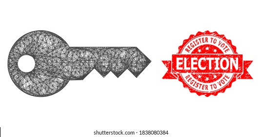 Network key icon, and Register to Vote Election textured ribbon stamp seal. Red stamp seal has Register to Vote Election tag inside ribbon.Geometric hatched carcass flat network based on key icon,