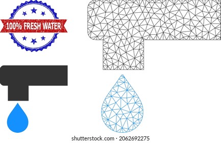Network kitchen tap carcass illustration, and bicolor grunge 100 percent Fresh Water seal. Polygonal carcass illustration designed with kitchen tap icon.
