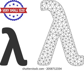 Network Lambda Greek lowercase letter frame illustration, and bicolor rubber Very Small Size seal stamp. Polygonal wireframe illustration is based on Lambda Greek lowercase letter icon.