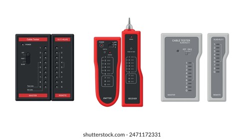 Network LAN cable tester electronic engineer measurement device set realistic vector illustration. Cyberspace connection check measure data information communication technology testing equipment