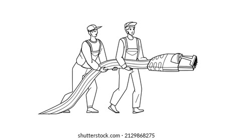 Network Lan Support Repairmen With Cable Black Line Pencil Drawing Vector. Network Lan Support Service Men Fixing And Connecting Cord. Characters Guys Engineer Internet Provider Employees Illustration