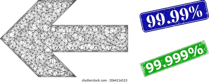 Network left arrow direction model, and 99.99 percent blue and green rectangular textured stamp seals. Mesh carcass symbol designed with left arrow direction icon. Stamp seals have 99.